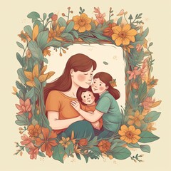 children in mothers hands smiling, flowers background. Happy mothers day. graphic stile. Ai generated