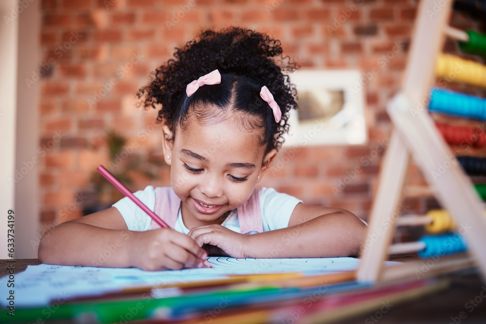 Poster Homework, writing and child drawing at home with study, learning and smile for project. Young girl, problem solving and youth development at house with student education and notes at table for school