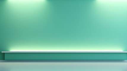 empty aquamarine wall with shelf and backlight and white floor created by AI