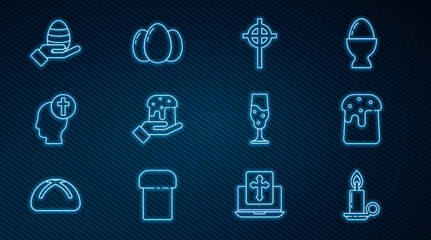 Set line Burning candle in candlestick, Easter cake, Christian cross, Human hand easter, head with christian, egg, Wine glass and eggs icon. Vector