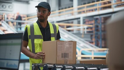 Multiethnic Male Employee Putting Boxes On Automated Conveyor Belt In Logistics Facility. Man In Reflective Work Jacket Loading Packages With Purchased Goods For Delivery To Customers. Slow Motion