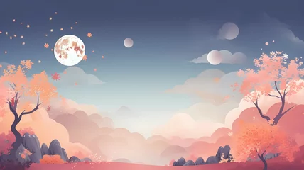 Fotobehang hand drawn cartoon mid autumn festival moon landscape illustration background  © 俊后生