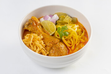 Khao Soi Kai, Thai Noodles Khao Soi Chicken  isolated on white background