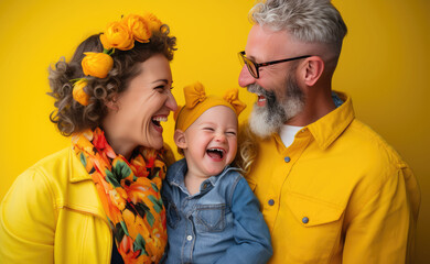 Happy family, smiling and laughing, wearing bright clothes. yellow background. studio photo. created by generative AI technology.
