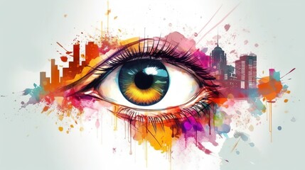 Watercolor eye with city on the background, AI generative