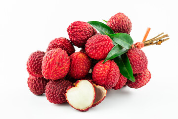 A bunch of king lychees on a white background