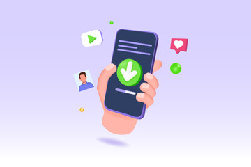 Download data on phone, data transfer concept. 3D icon vector render illustration.