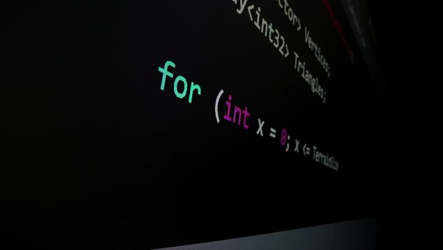 Closeup macro shot movement of coding script moving across LED screen with real-time AI-generated typing, showcasing advanced AI learning in optimization, debug and coding for software development.