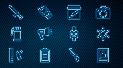 Set line Wanted poster, Hexagram sheriff, Evidence bag with knife, Police megaphone, Hand smoke grenade, rubber baton, Human target sport for shooting and Walkie talkie icon. Vector