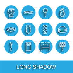 Set line Barbecue fork, Matchbox and matches, Brick stove, BBQ brazier, steel grid, Meat tongs, Burger and Bacon stripe icon. Vector