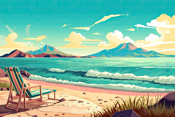 Beach chair and seascape in cartoon style.  illustration