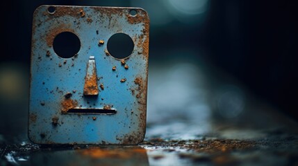 Abstract sculpture of an odd looking face made out of rusty corroded iron metal, blue paint peel, artistic metalwork, portraying feelings of sorrow, sad expressive emotive, bokeh blur - generative AI