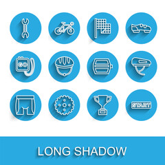 Set line Cycling shorts, Bicycle sprocket crank, Wrench spanner, Award cup with bicycle, Ribbon finishing line, helmet, and pedal icon. Vector