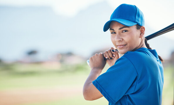 Baseball, bat and portrait of a woman outdoor on a pitch for sports, performance and competition. Professional athlete or softball player with mockup, space and ready for game, training or exercise