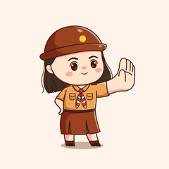 indonesian scout girl with stop sign cute kawaii chibi character illustration