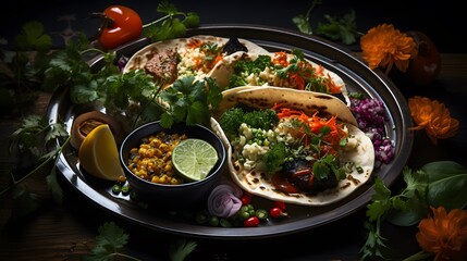 Chicano-inspired Aerial View: Table Set with Food, Flowers, and Organic Vibes