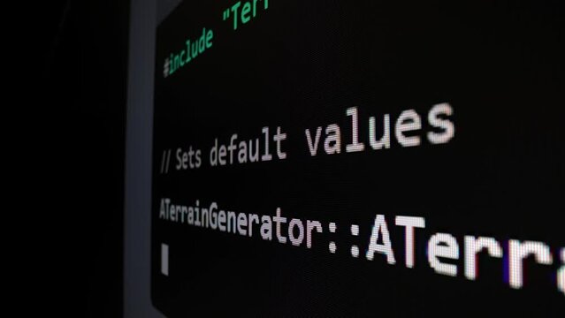 Closeup macro shot movement of coding script moving across LED screen with real-time AI-generated typing, showcasing advanced AI learning in optimization, debug and coding for software development.