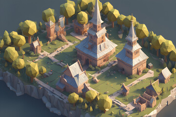 medieval town low-poly.Generative Ai