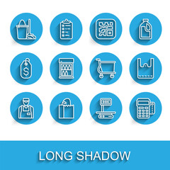Set line Seller, Paper bag with bread loaf, Mop and bucket, Electronic scales, POS terminal credit card, Commercial refrigerator, shopping and Shopping cart icon. Vector