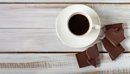 Cup of coffee with chocolate on wooden table from white boards. Top view, flat lay with copy space. - Powered by Adobe