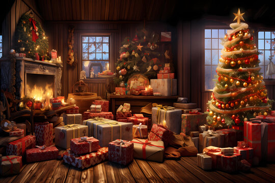 weihnachtlch dekoriertes Wohnzimmer an Heilig Abend mit vielen Geschenken und Christbaum erstellt mit generativer KI