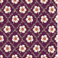 Seamless pattern Hibiscus wildflowers. Beautiful fabric blooming realistic isolated flowers Vintage background Wallpaper baroque. Drawing engraving Vector victorian illustration