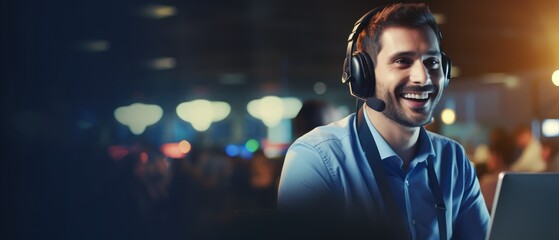 call center man wearing headphone smiled working and providing service with courtesy and attention front of laptop, Generative AI