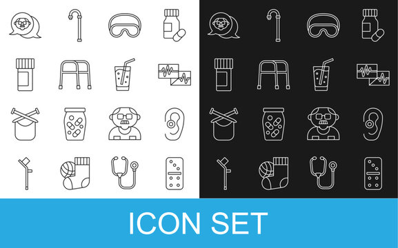 Set line Domino, Hearing aid, Monitor with cardiogram, Eye sleep mask, Walker, Medicine bottle and pills, Grandfather and Glass water icon. Vector