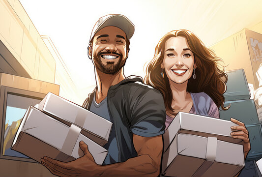Smiling young couple with boxes in their hands. illustration.
