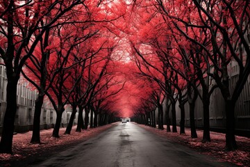 Fototapeta premium Surreal colors of fantasy landscape with tunnel and path way through trees with red leaves