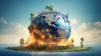 abstract illustration of earth globe burning after falling into the ground.Global warming concept - obrazy, fototapety, plakaty