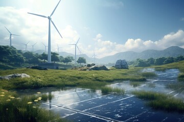 Solar panels and windmill generating electricity in power station. Green energy in nature