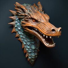 Wooden dragon head on a black background. Sculpture.