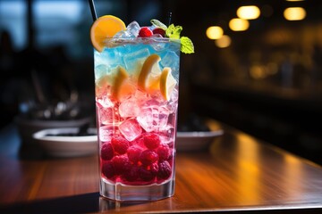 Fresh rainbow transparent cocktail with raspberry and citrus
