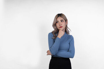 Obraz premium Successful Asian office worker woman poses in various poses on isolated white studio background. Feeling confident happy millennial female internship showing motivation to work startup business ideas