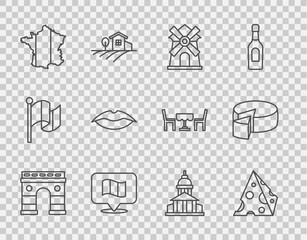 Set line Triumphal Arch, Cheese, Windmill, Flag France, Map of, Smiling lips, Museum building and icon. Vector