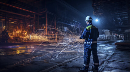 Worker with Helmet Standing in the Workshop