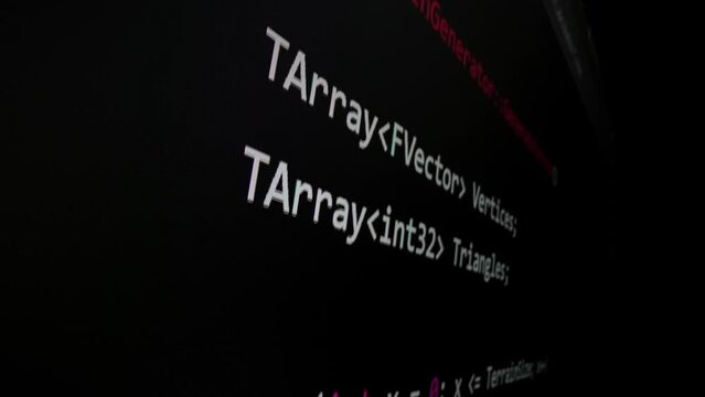 Closeup macro shot movement of coding script moving across LED screen with real-time AI-generated typing, showcasing advanced AI learning in optimization, debug and coding for software development.