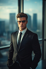 Fototapeta premium Portrait of a handsome young man in elegant suit and sunglasses. Men's beauty, fashion.
