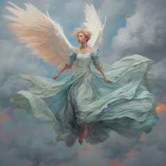 3d illustration of a beautiful girl with white wings in the clouds