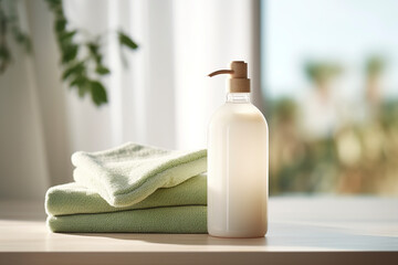 Fototapeta na wymiar Photo of liquid soap bottle with towels mockup