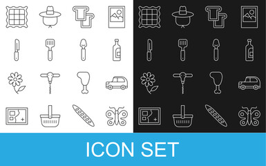 Set line Butterfly, Car, Bottle of wine, Bread toast, Spatula, Knife, Checkered napkin and Spoon icon. Vector