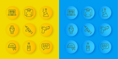 Set line Bandana, Wrist watch, Submachine gun, Rap music, Pistol or, Sound audio recorder, Glass bong for smoking marijuana and Hoodie icon. Vector