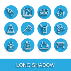 Set line Man in the sauna, Aroma diffuser, Cream or lotion cosmetic tube, Cup of tea, Sauna wood bench, Wooden axe, Oak leaf and Towel hanger icon. Vector