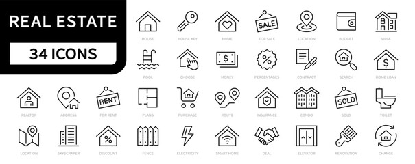 Real Estate line icons set. Real estate, House, Home, Realtor, Plan, Agent icon. Real estate symbols collection. Vector