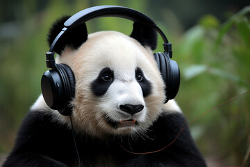 a panda wearing earphones
