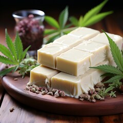 
white chocolate with hemp. Fun sweets, coffeeshop menus, chocolate bars with a vegetable marijuana light drug. Concept: Legalization of cannabis