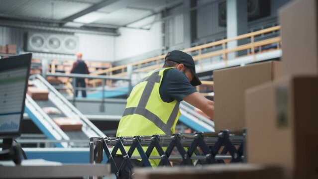 Caucasian Male Loader Putting Boxes On Automated Conveyor Belt In Modern Sorting Center. Man In Reflective Work Jacket Loading Packages With Online Orders For Delivery To Customers Worldwide.