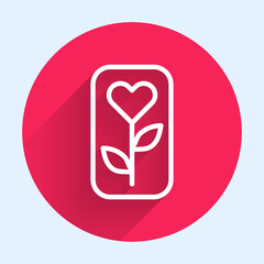 White line Flower rose icon isolated with long shadow. Red circle button. Vector