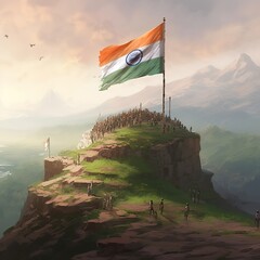 Indian flag waving on hill, Generative ai.